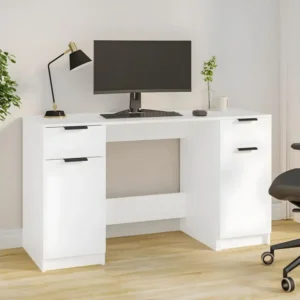 Bureau avec armoire latérale Blanc Bois d'ingénierie avec compartiments intégrés