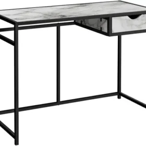 Bureau D'Ordinateur - 42"L / Aspect Marbre Blanc / Acier Noir