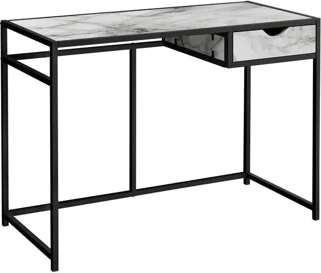 Bureau D'Ordinateur - 42"L / Aspect Marbre Blanc / Acier Noir