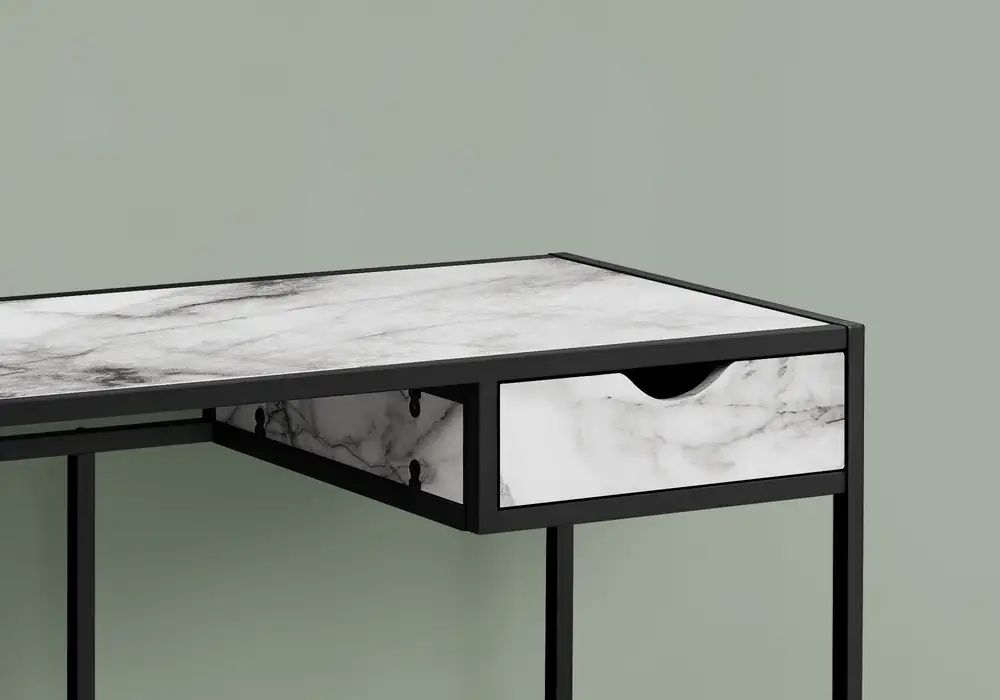 Bureau D'Ordinateur - 42"L / Aspect Marbre Blanc / Acier Noir