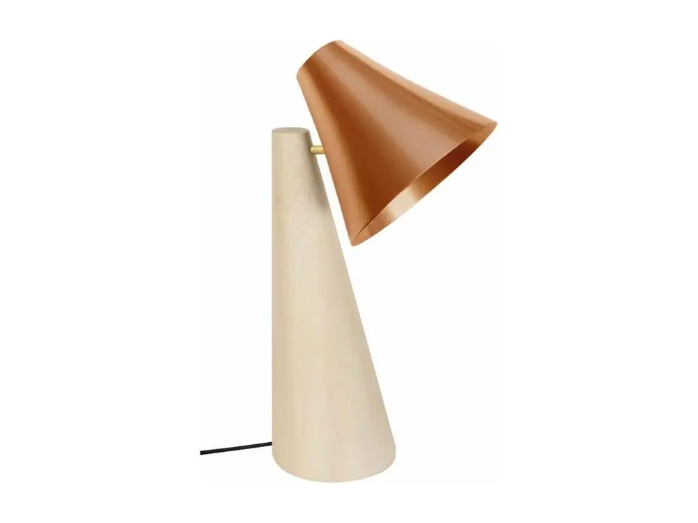 Lampe de bureau conique bois naturel,cuivre 42 cm. avec compartiments intégrés