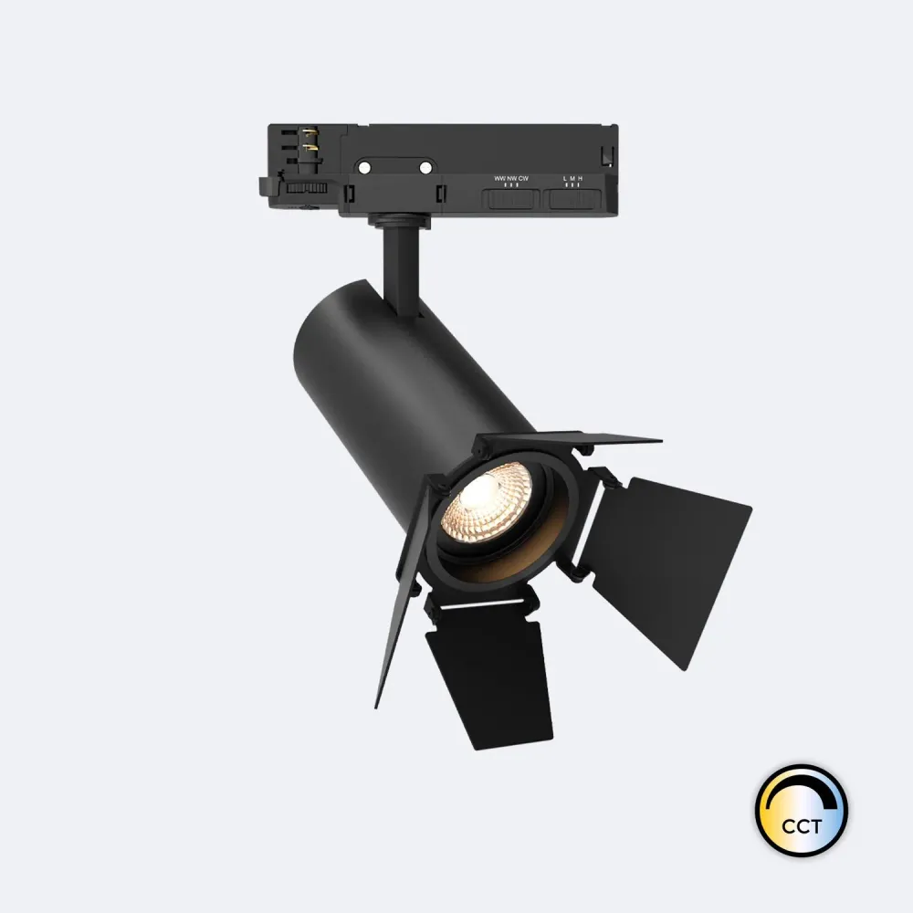 Projecteur LED 30W Fasano Cinema pour rail triphasé CCT dimmable DALI noir.