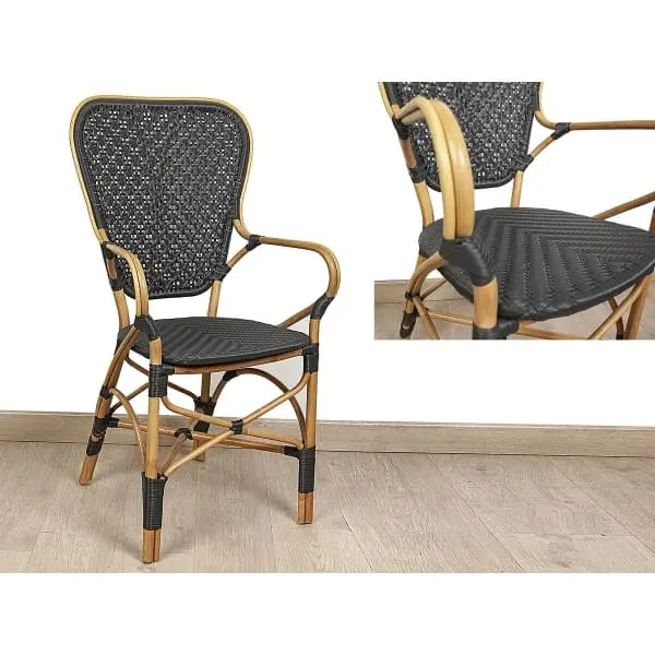 Chaise Balinaise Noire en Bambou et Rotin avec Accoudoirs avec compartiments intégrés