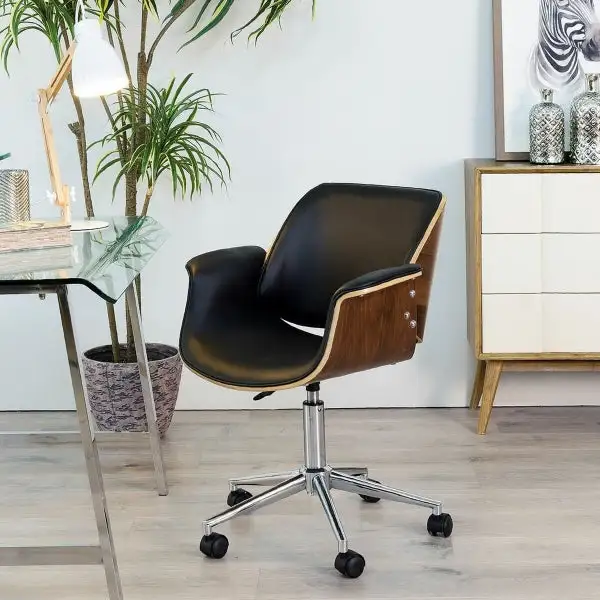 Chaise de Bureau à Accoudoirs en Bois Brun et Polyuréthane Noir - Conforme aux Normes de Sécurité