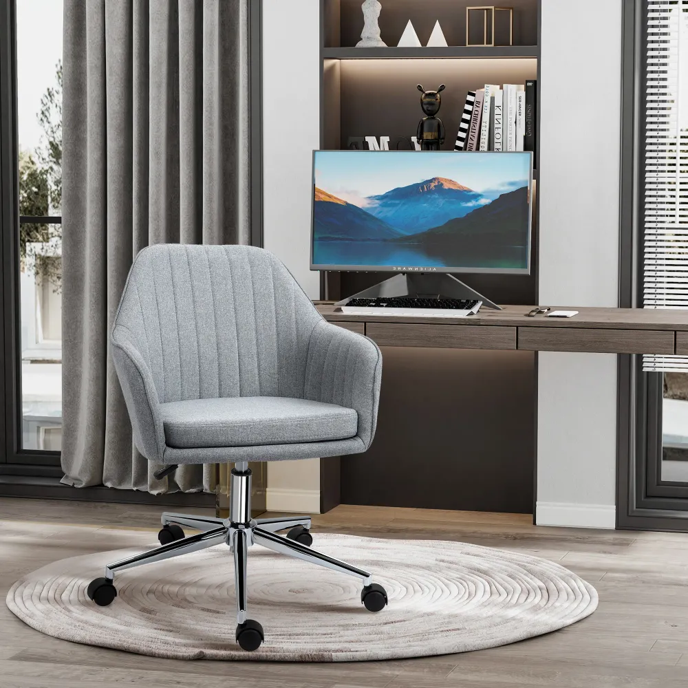 Chaise de bureau design contemporain dossier accoudoirs striés hauteur réglable pivotant 360° piètement chromé lin gris ma...