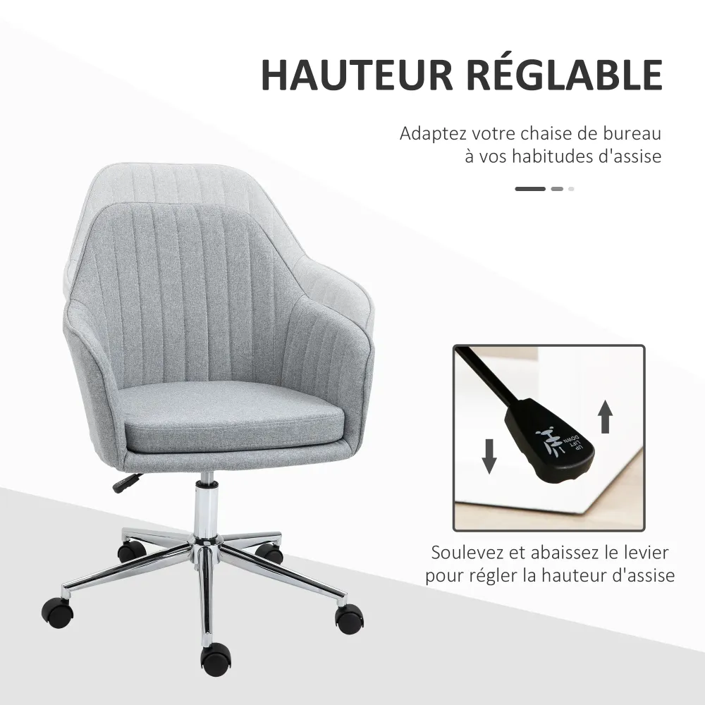 Chaise de bureau design contemporain dossier accoudoirs striés hauteur réglable pivotant 360° piètement chromé lin gris ma...