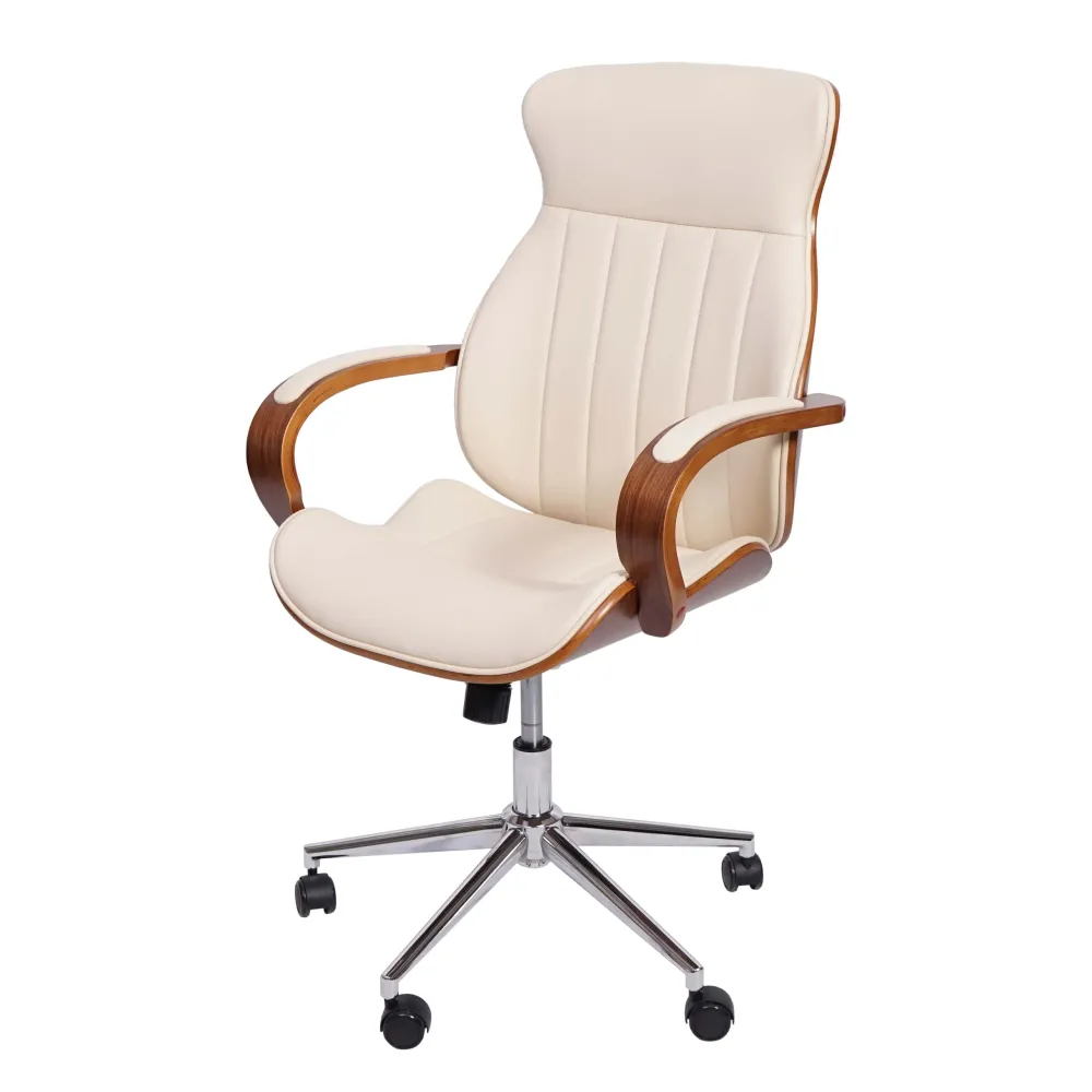 Chaise de bureau ergonomique pivotante avec accoudoirs synthétique aspect noyer courbé crème 04_0001860 en tissu respirant