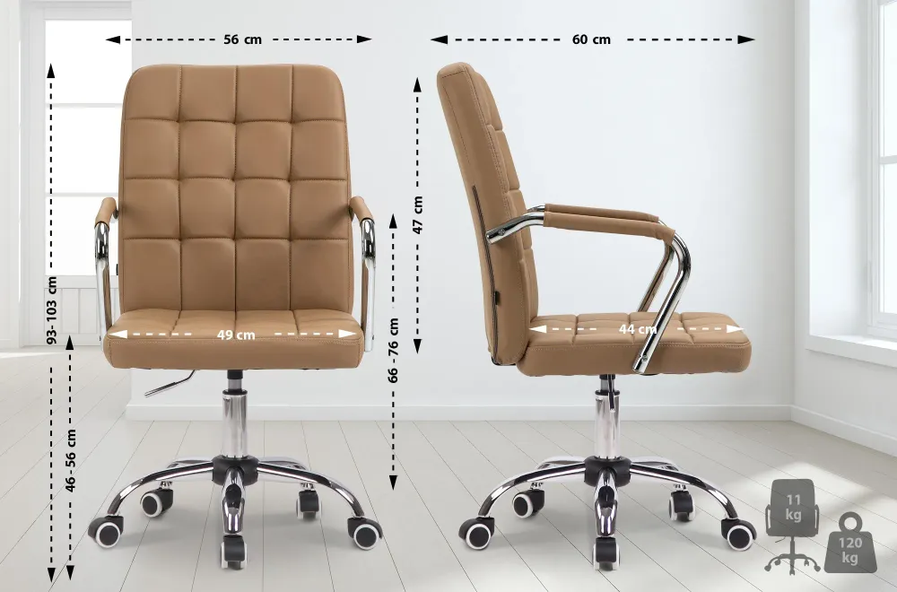 Chaise de bureau pivotante sur roulettes avec accoudoirs en similicuir marron net cadre métal chromé 10_0007072