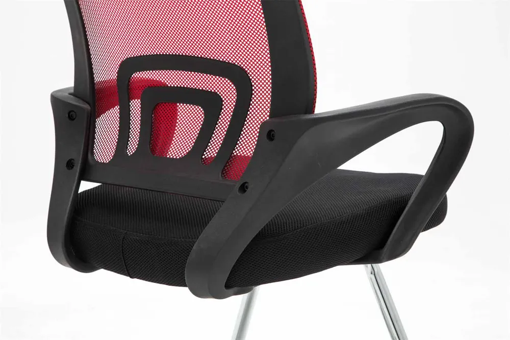 Chaise de bureau reception sans roulettes dossier en maille avec accoudoirs rouge BUR10503 - Conforme aux Normes de Sécurité
