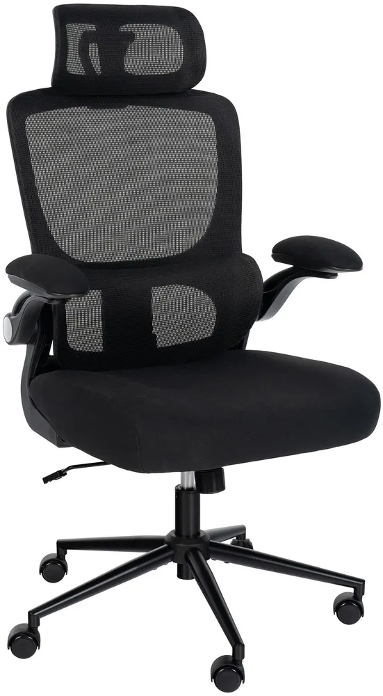 Chaise de bureau soutien lombaire appuie-tête réglable accoudoirs siège pivotant en filet de polyamide noir et acier 10_00...