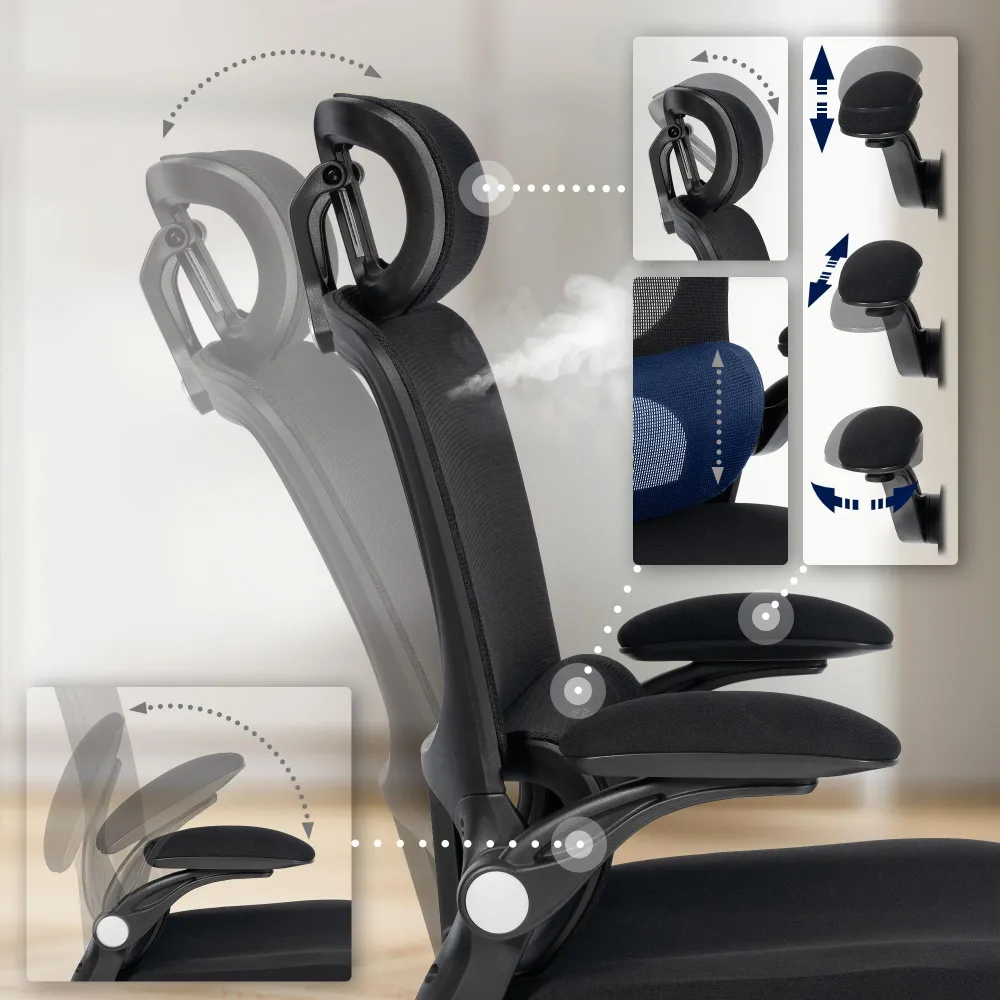 Chaise de bureau soutien lombaire appuie-tête réglable accoudoirs siège pivotant en filet de polyamide noir et acier 10_00...