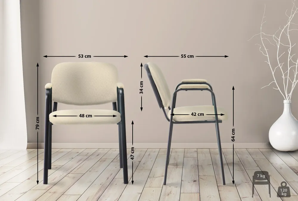 Chaise visiteur avec accoudoirs intégrés zone d'attente en tissu crème piètement à 4 pieds en métal noir 10_0003387 pour u...