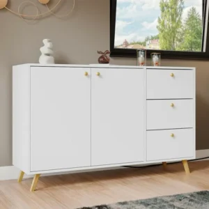 Commode Honolulu C100, Blanc, Avec tiroirs et portes, 86x138x41cm avec 4 patins en caoutchouc
