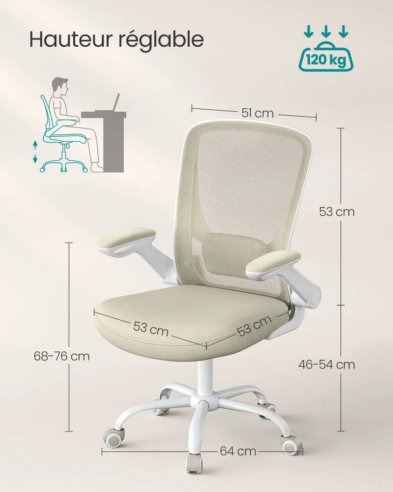 Coussin ergonomique pour Fauteuil de bureau avec accoudoir rabattable chaise de bureau en toile siège pivotant à 360° supp...