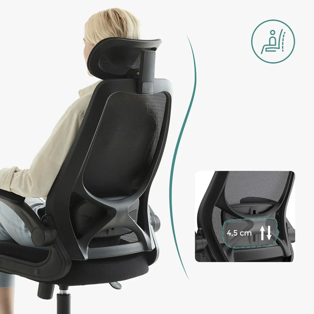 Fauteuil de bureau chaise ergonomique siège pivotant accoudoirs et appui-tête réglables en tissu respirant hauteur réglabl...