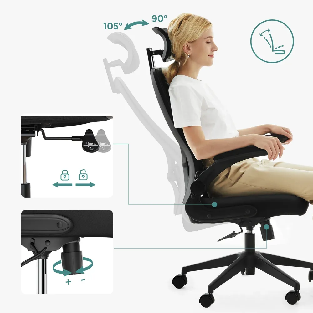 Fauteuil de bureau chaise ergonomique siège pivotant accoudoirs et appui-tête réglables en tissu respirant hauteur réglabl...