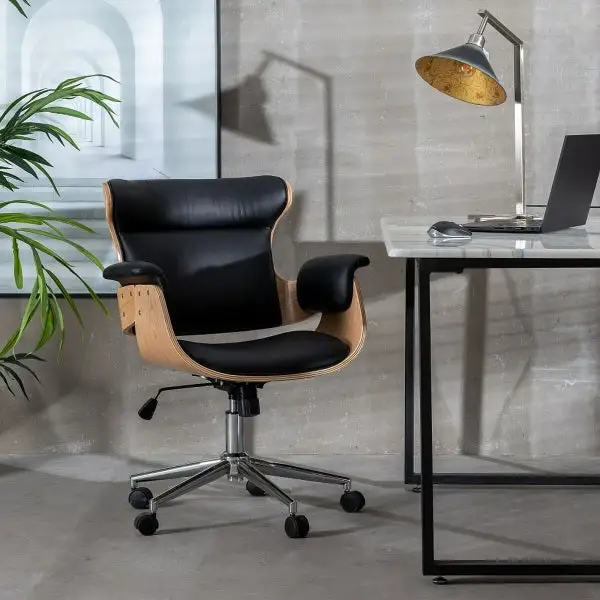 Fauteuil de Bureau Design avec Accoudoirs "BOSS" Bois et Cuir Noir - Conforme aux Normes de Sécurité