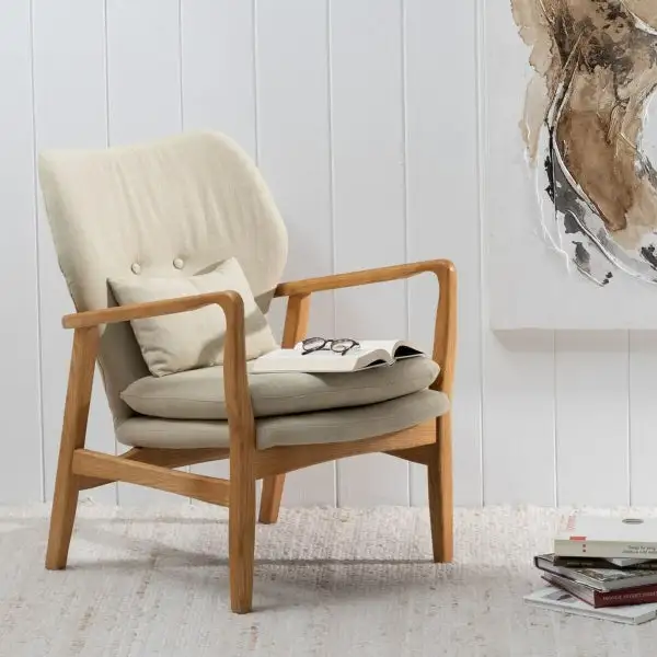 Fauteuil Shabby Chic avec Accoudoirs Tissu Naturel et Bois