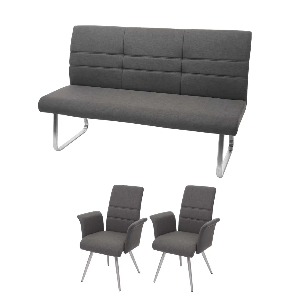 Lot de 2 chaises de salle à manger avec accoudoirs + banc 180 cm en tissu gris-marron acier inoxydable 04_0007486 avec 4 p...