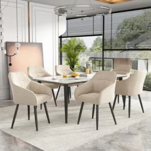 Lot de 6 chaises de salle à manger en velours - accoudoirs + pièds en métal - crème