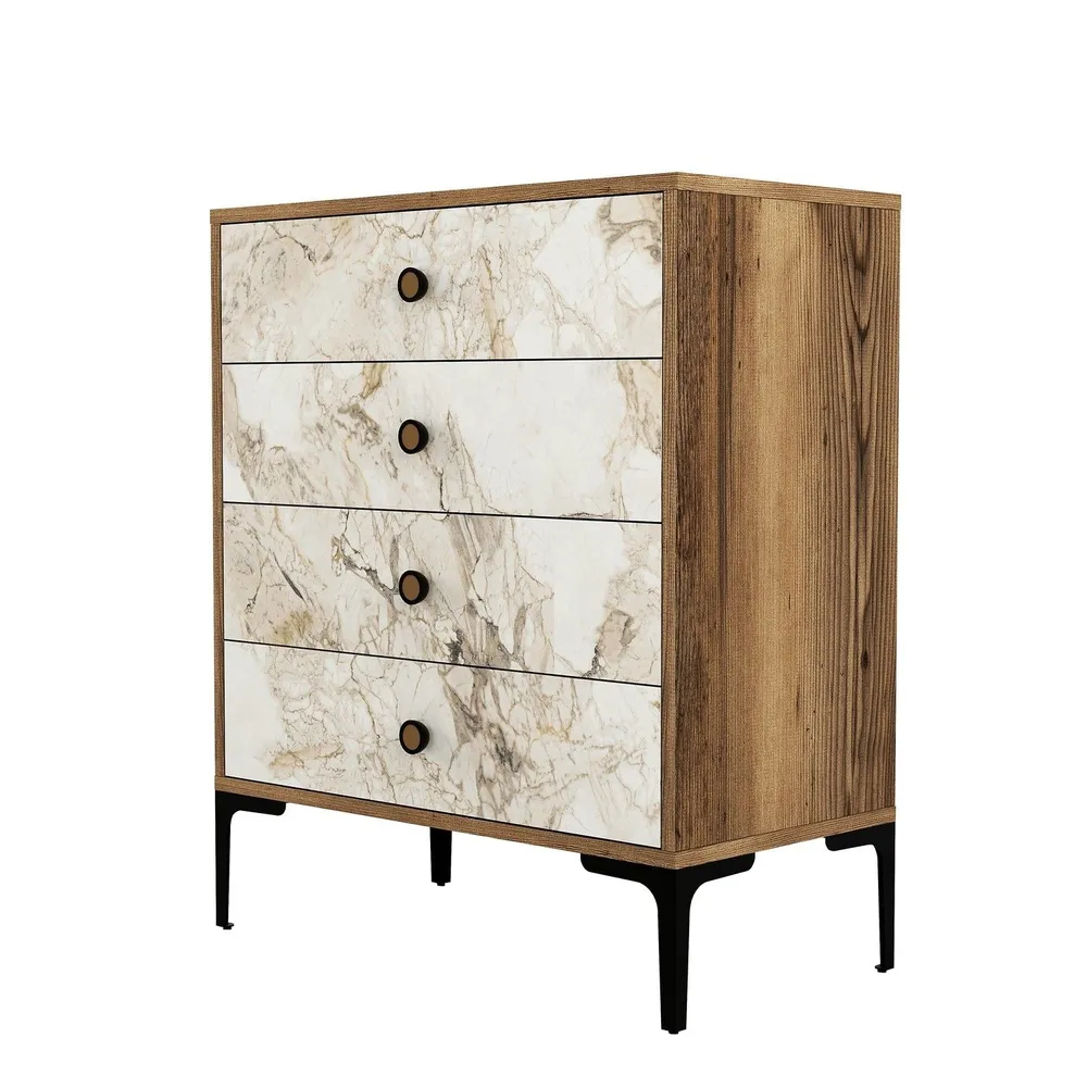 Organisateur de câbles Commode 4 tiroirs Secondo H90,7cm Bois et Blanc effet marbre