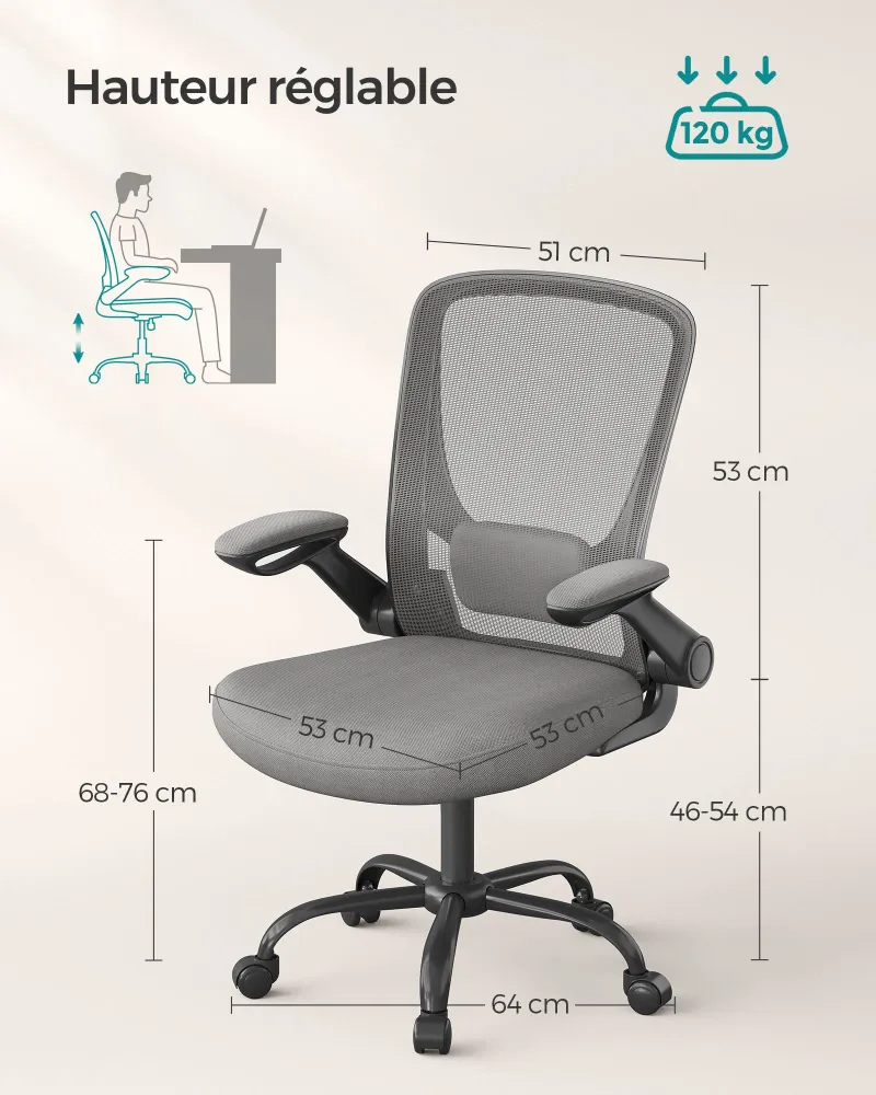 Plateau de rangement Fauteuil de bureau avec accoudoir rabattable chaise de bureau en toile siège pivotant à 360° support...