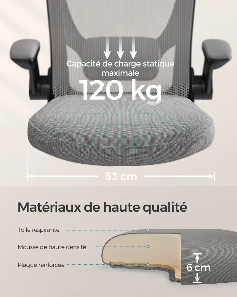Plateau de rangement Fauteuil de bureau avec accoudoir rabattable chaise de bureau en toile siège pivotant à 360° support...