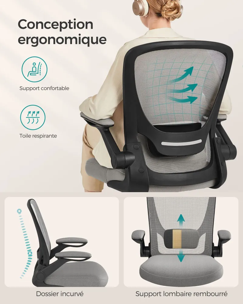 Plateau de rangement Fauteuil de bureau avec accoudoir rabattable chaise de bureau en toile siège pivotant à 360° support...