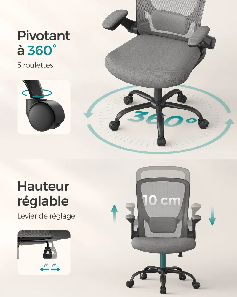 Plateau de rangement Fauteuil de bureau avec accoudoir rabattable chaise de bureau en toile siège pivotant à 360° support...