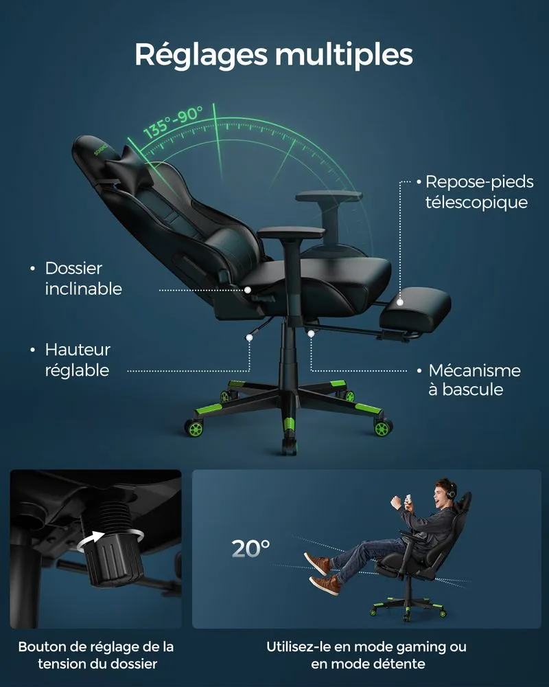 Équipement de Bureau Ergonomique SONGMICS Fauteuil Gaming accoudoirs 3D noir et rouge