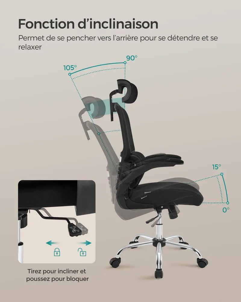 SONGMICS Chaise de bureau ergonomique avec soutien lombaire compatible avec la plupart des bureaux