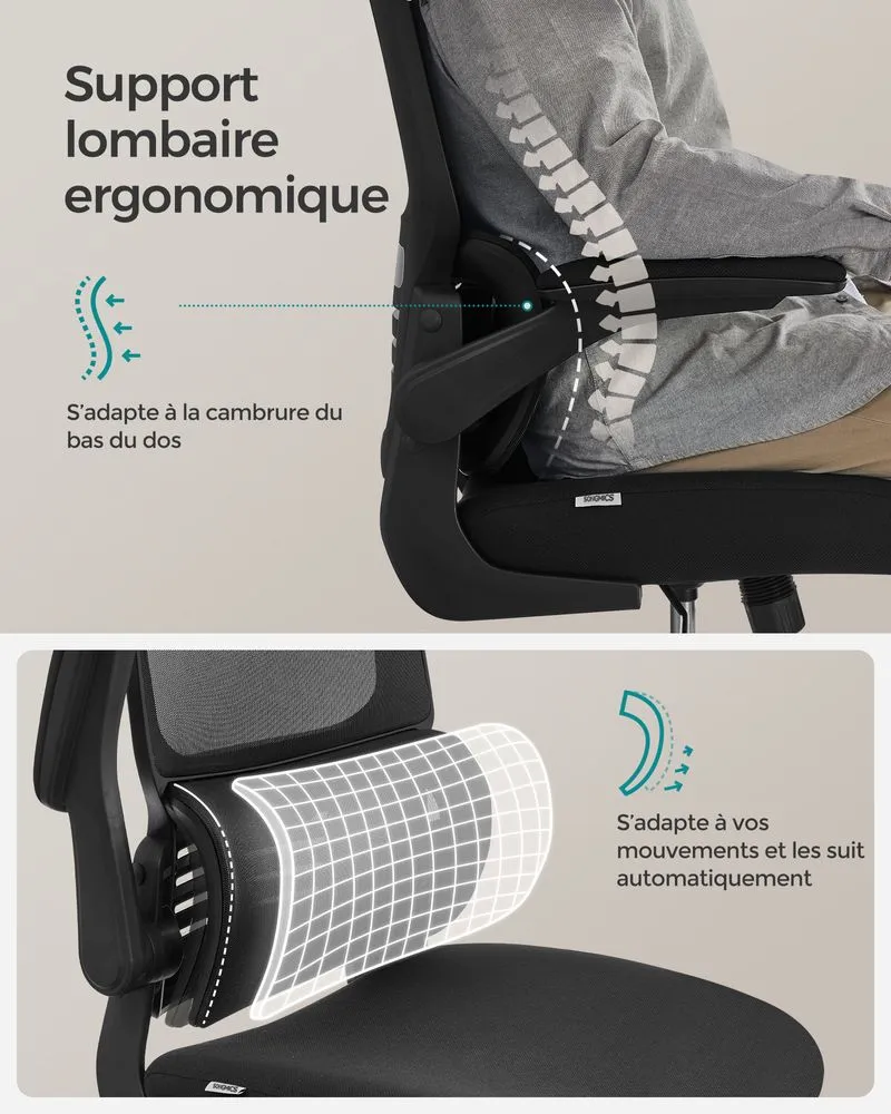SONGMICS Chaise de bureau ergonomique avec soutien lombaire compatible avec la plupart des bureaux