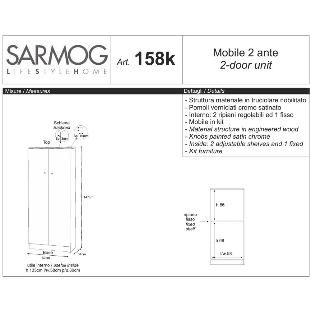 Armoire mobile à 2 portes et 3 étagères avec poignée chromée cm finition Orme Net par Sarmog