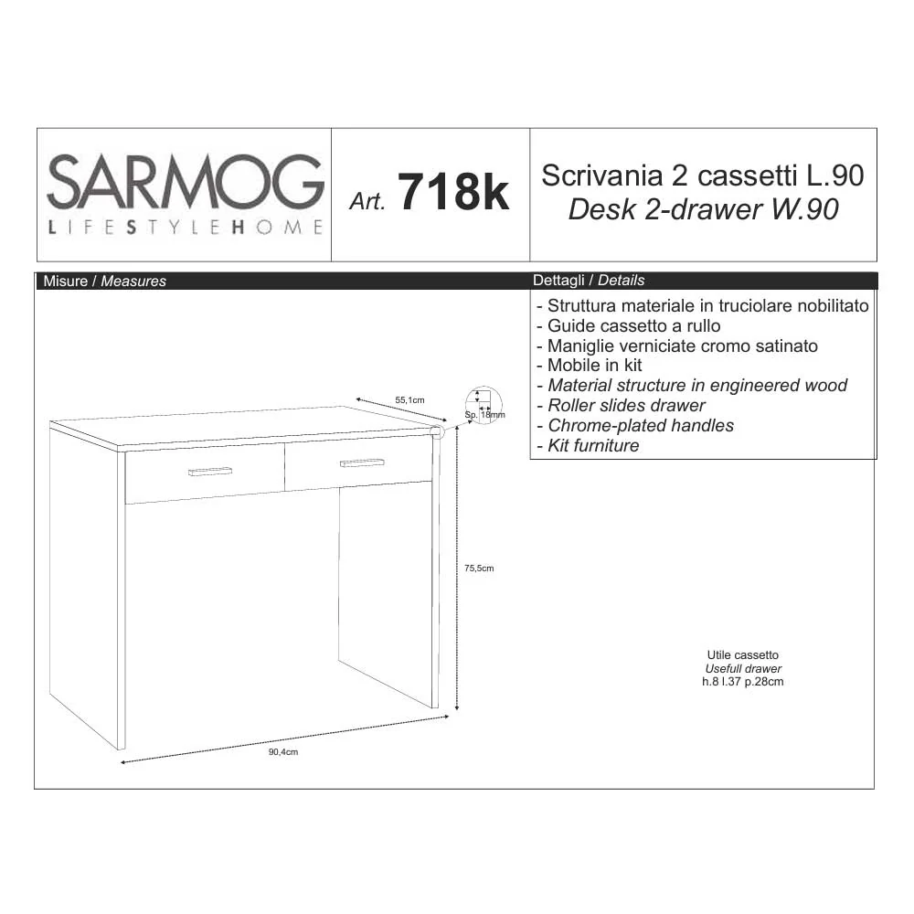 Bureau de bureau ou chambre de 90 cm avec 2 tiroirs finition Structure Orme Évident / Finition Frontale Blanc Flammé par S...