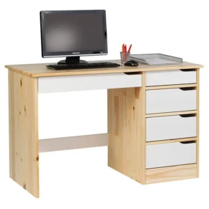 Bureau HUGO avec rangement 5 tiroirs style scandinave en pin massif vernis naturel et lasuré blanc