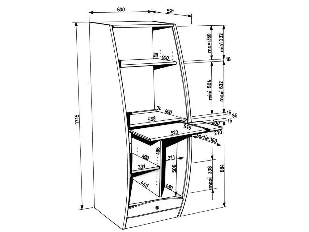 Armoire Informatique Galbée Largeur 60 cm - Coloris: Blanc Couleur Noyer