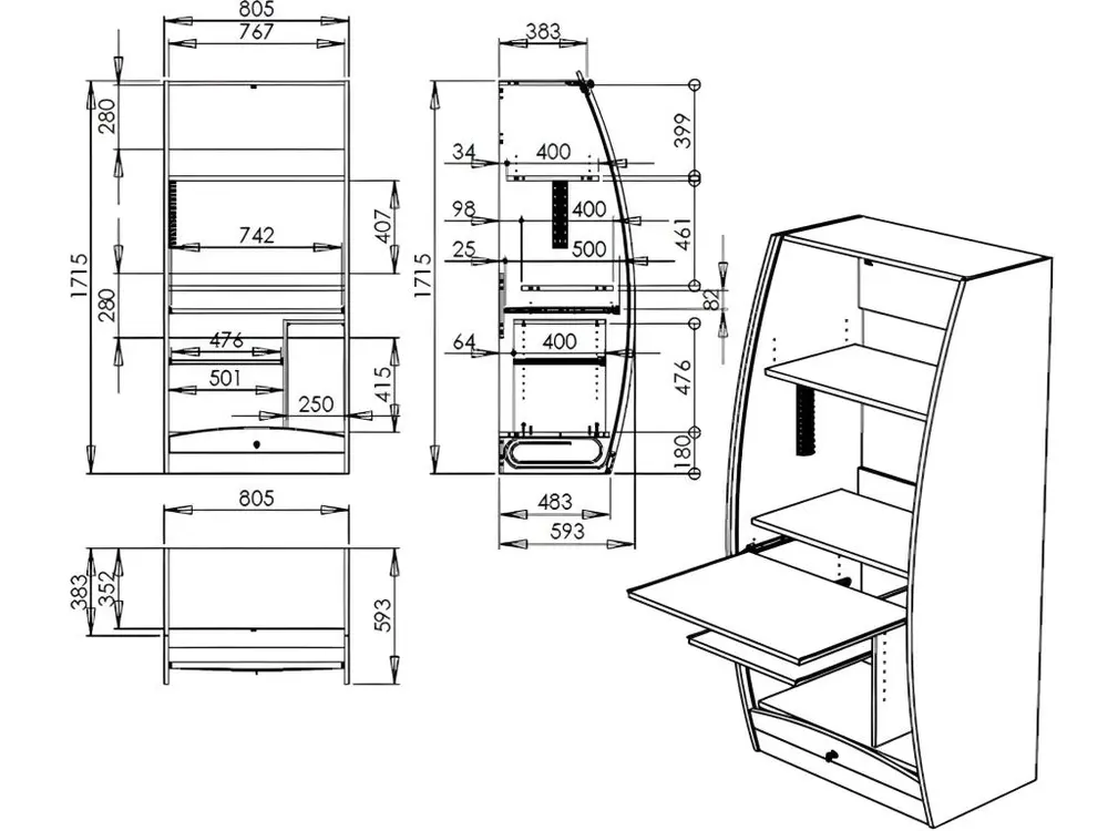 Bureau avec rangement Armoire Informatique Galbée 80 cm Chêne