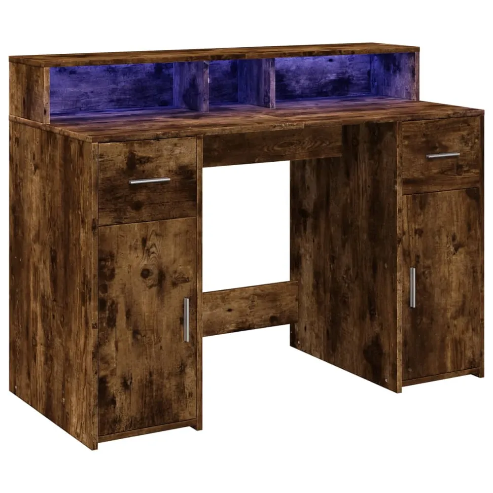 Bureau compact Bureau table poste de travail meuble d'ordinateur informatique étude et lumières LED chêne fumé 120 x 55 x...