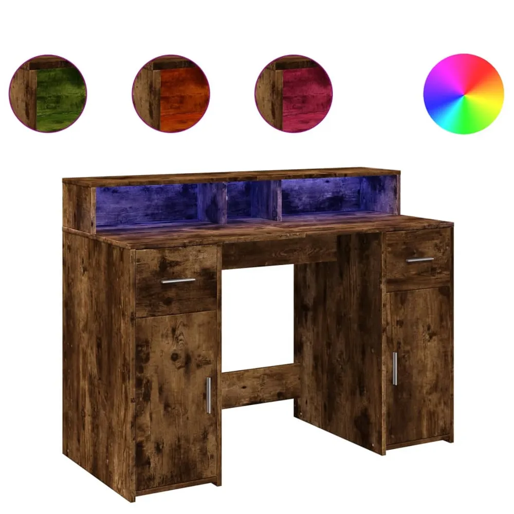 Bureau compact Bureau table poste de travail meuble d'ordinateur informatique étude et lumières LED chêne fumé 120 x 55 x...