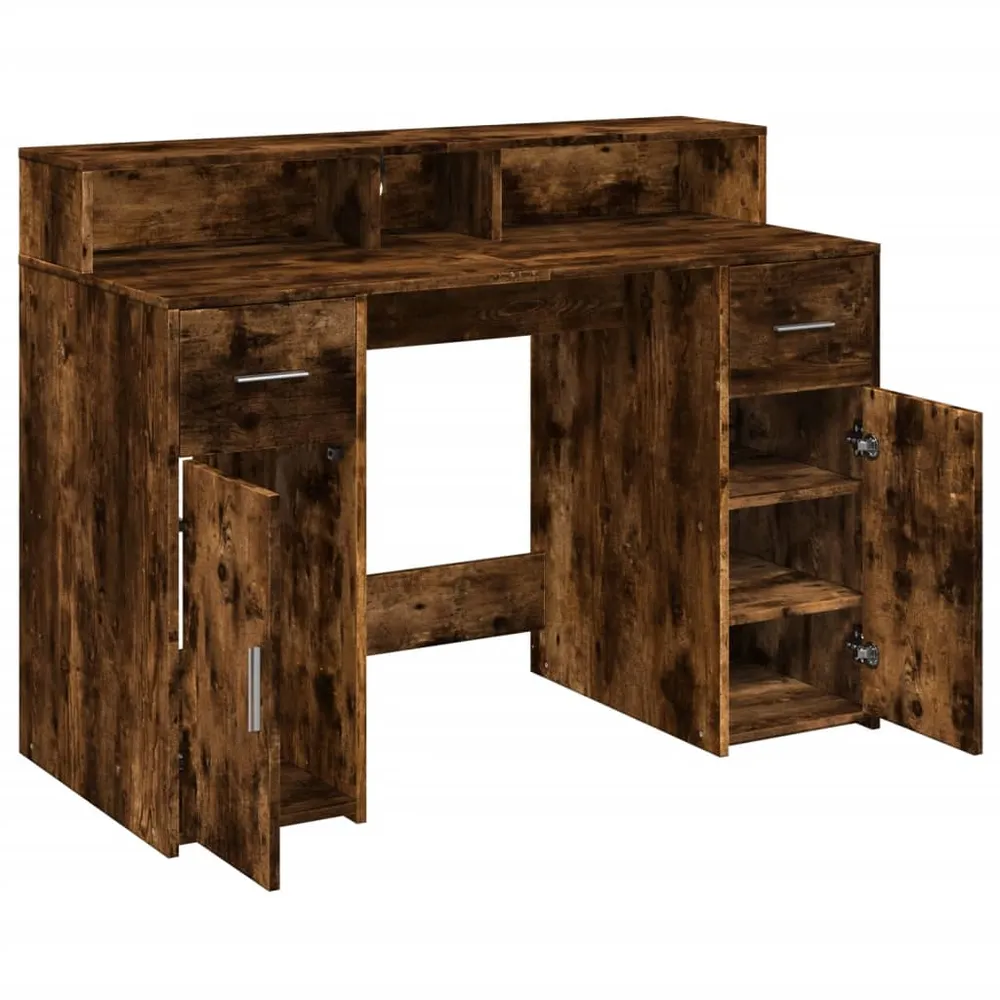 Bureau compact Bureau table poste de travail meuble d'ordinateur informatique étude et lumières LED chêne fumé 120 x 55 x...