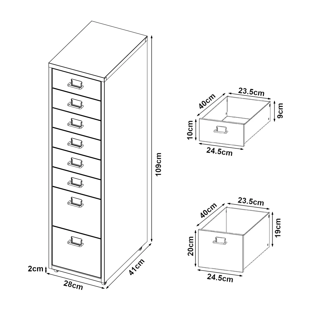 Bureau d'angle Caisson de bureau armoire meuble de rangement à roulettes avec 8 tiroirs 109 x 28 x 41 cm noir 03_0009114