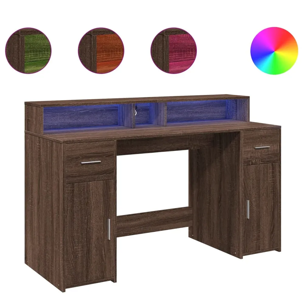 Bureau pour ordinateur Bureau table poste de travail meuble d'ordinateur informatique étude et lumières LED chêne bois d'i...