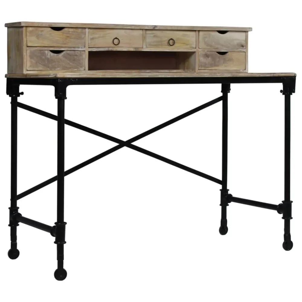 Bureau table meuble travail informatique bois de manguier massif et acier 110 cm 0502126 avec mémoire de positions