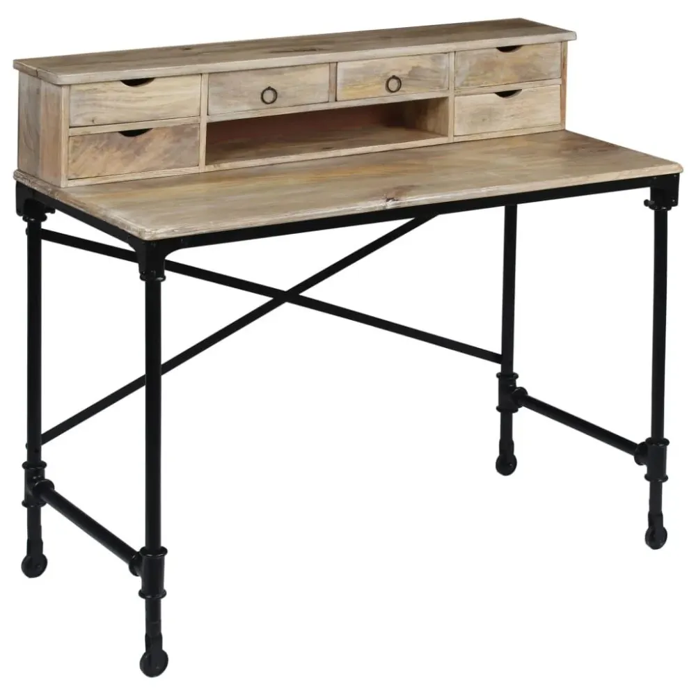 Bureau table meuble travail informatique bois de manguier massif et acier 110 cm 0502126 avec mémoire de positions