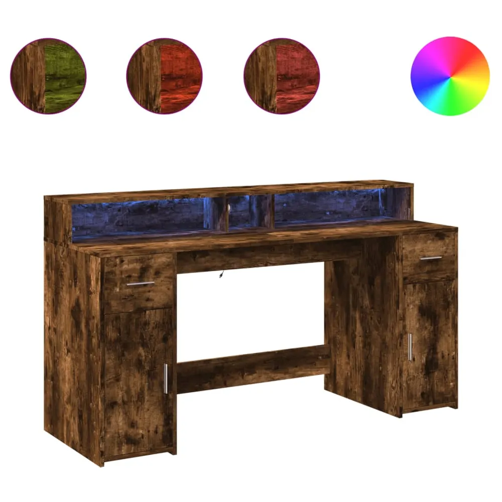 Bureau table poste de travail meuble d'ordinateur informatique étude et lumières LED chêne fumé 160 x 55 x 91cm bois d'ing...