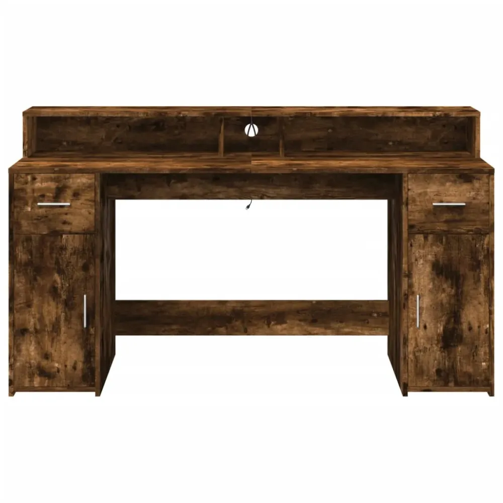 Bureau table poste de travail meuble d'ordinateur informatique étude et lumières LED chêne fumé 160 x 55 x 91cm bois d'ing...