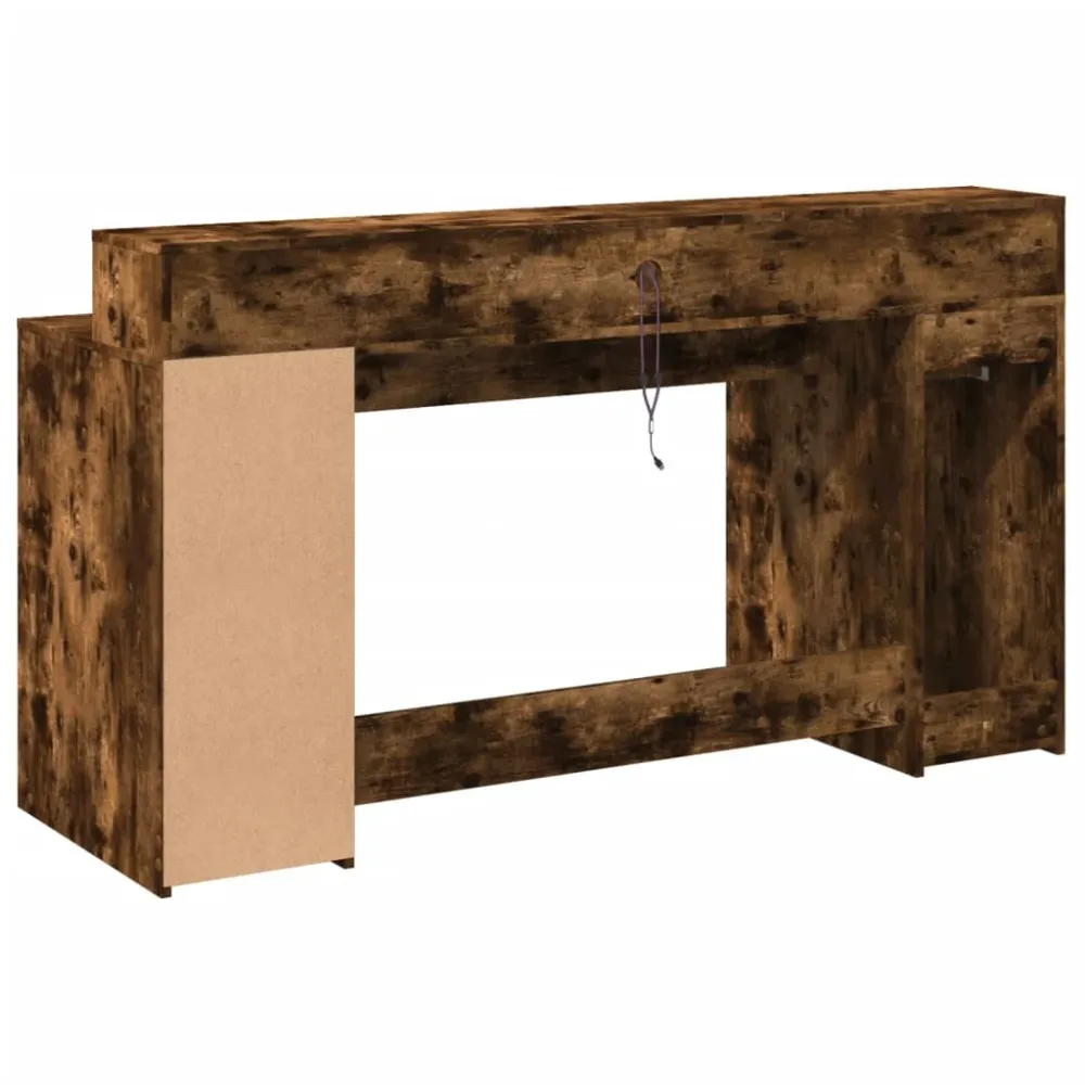Bureau table poste de travail meuble d'ordinateur informatique étude et lumières LED chêne fumé 160 x 55 x 91cm bois d'ing...