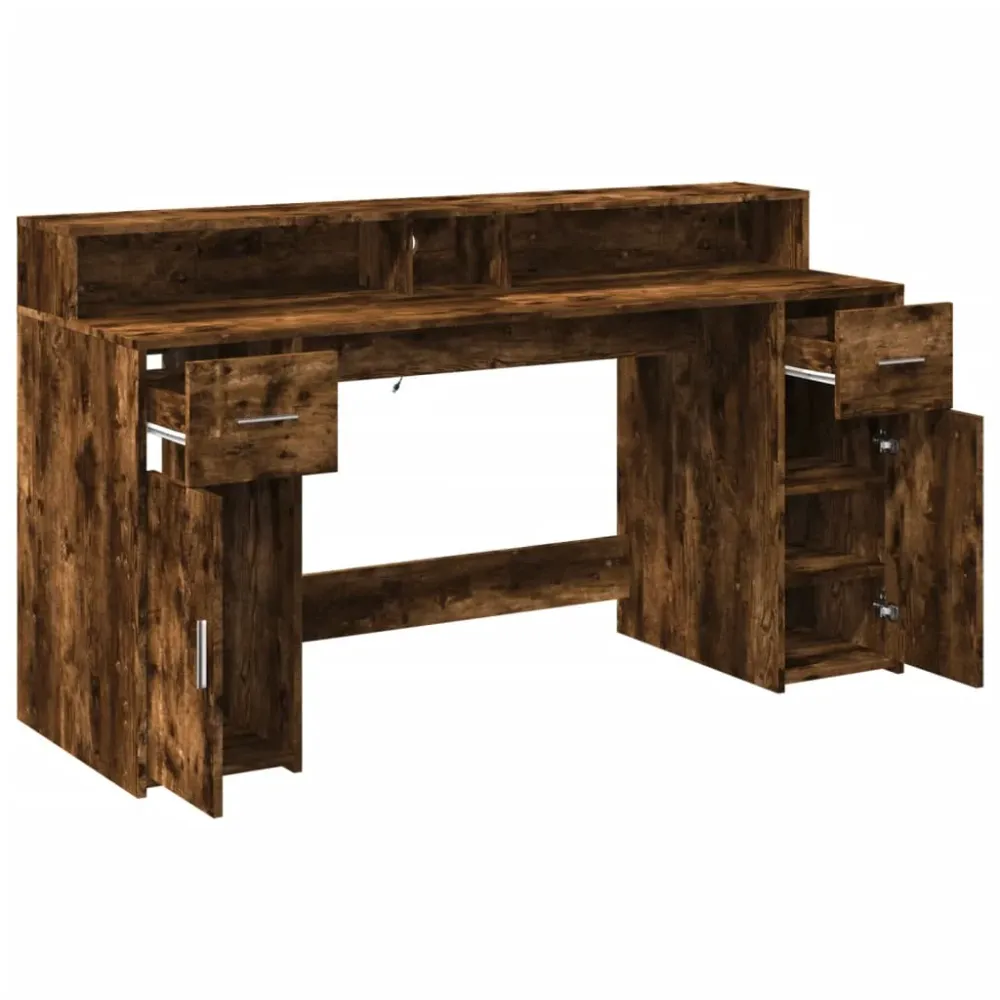 Bureau table poste de travail meuble d'ordinateur informatique étude et lumières LED chêne fumé 160 x 55 x 91cm bois d'ing...