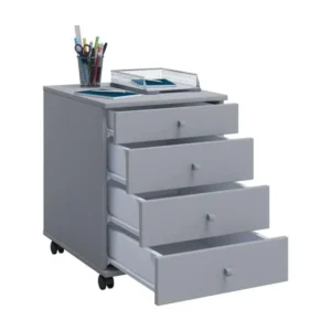 Plan de Travail Ergonomique Lona Commode de bureau sur roulettes avec 4 tiroirs, gris.