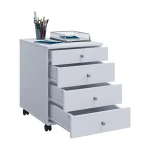 Poste de travail assis-debout Lona Commode de bureau sur roulettes avec 4 tiroirs, blanc.